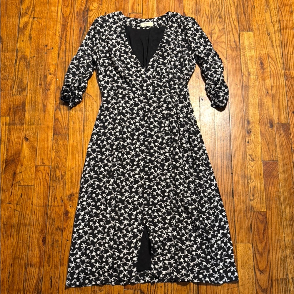 BA&SH Women's Coachella VNeck Black White Floral Midi Dress Fawn Dove Print SZ 1 - Picture 2 of 14